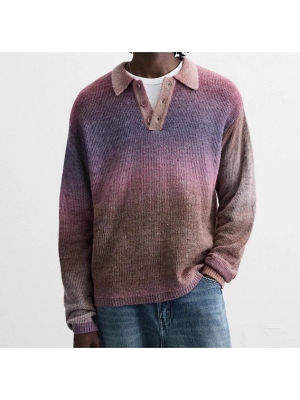 Zara Gradient Knit Polo Sweater Men’s Small Wool Blend Ombré Multicolor